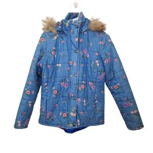 Eve‎ Blue Colorful Floral Quilted Fur Trim Hood Cute Girly Zip Up Coat Size M